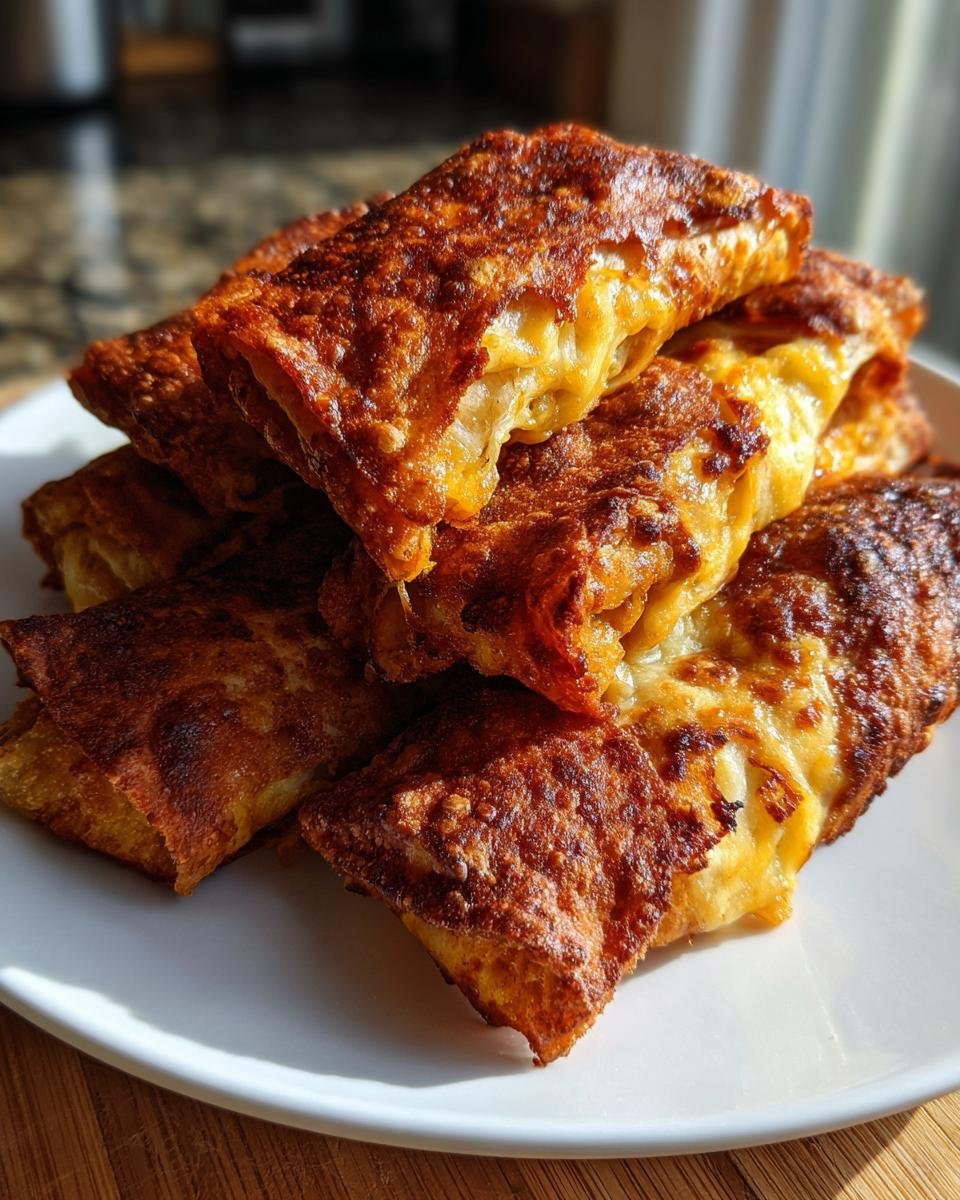 Stapel von goldbraunen, knusprigen Käsige Taco-Sticks, die innen geschmolzenen Käse zeigen.