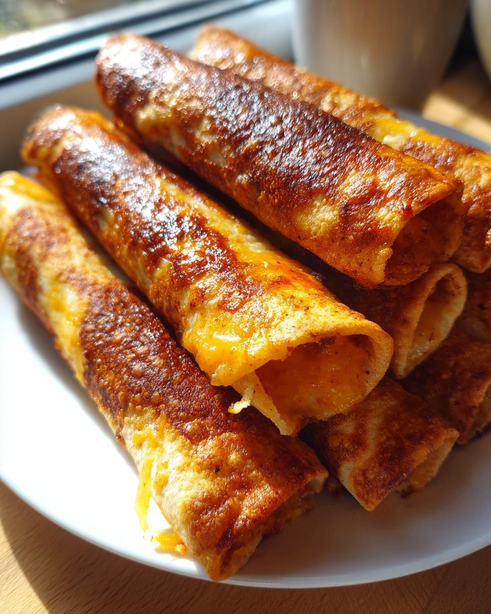 Nahaufnahme von knusprigen, goldbraun gebratenen Käsige Taco-Sticks, die auf einem weißen Teller gestapelt sind.