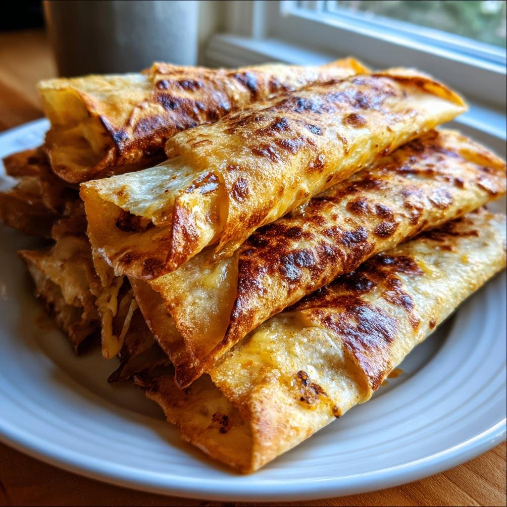 Stapel von knusprigen, goldbraun gebratenen Käsige Taco-Sticks auf einem weißen Teller.