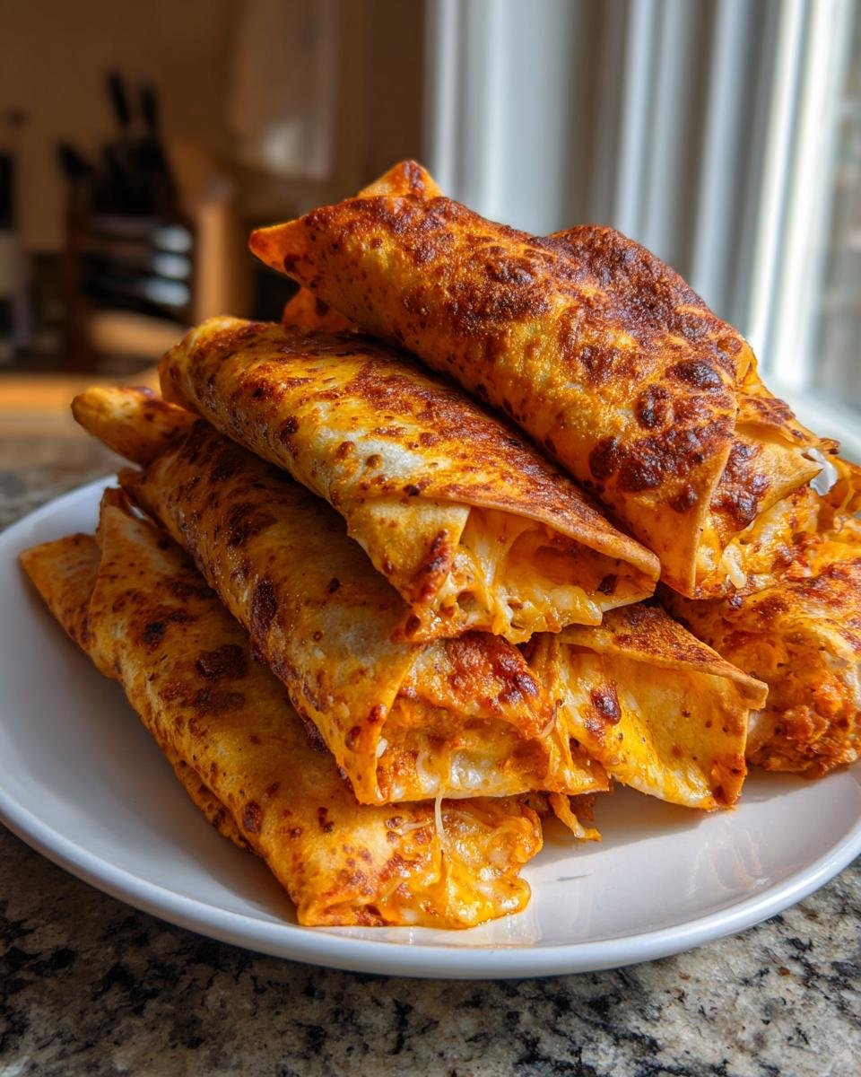 Ein Stapel knusprig gebackener Käsige Taco-Sticks, aus denen geschmolzener Käse quillt.