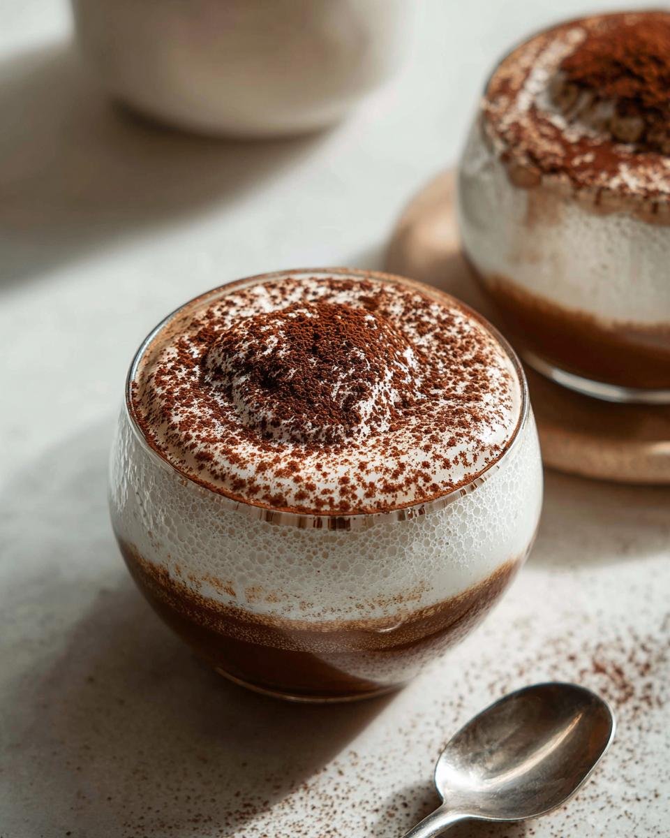 Nahaufnahme einer fertigen Kaffeecreme Rezept in einem Glas, bedeckt mit viel Kakaopulver.