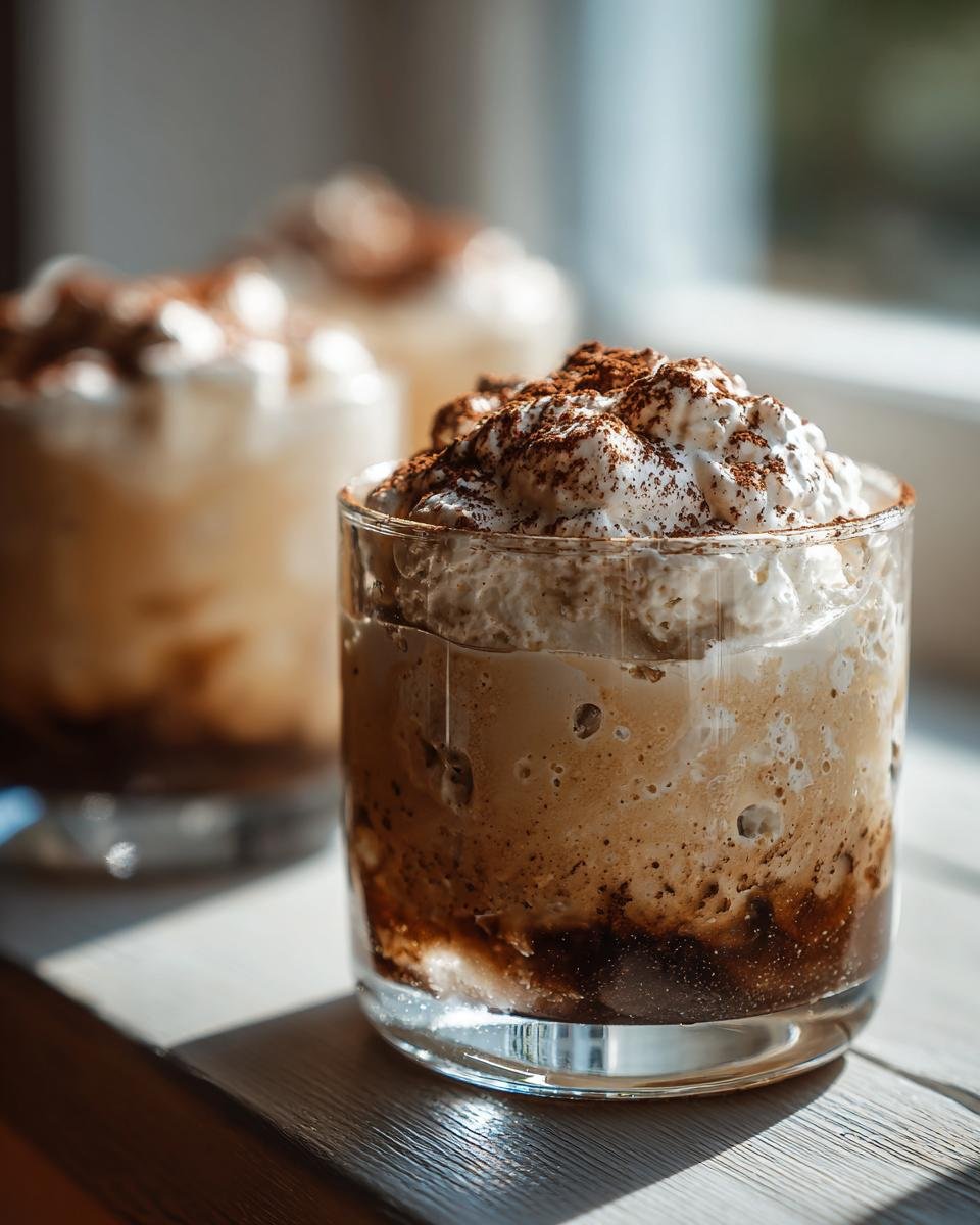 Nahaufnahme eines fertigen Kaffeecreme Rezept in einem Glas, gekrönt mit viel Schlagsahne und Kakaopulver.