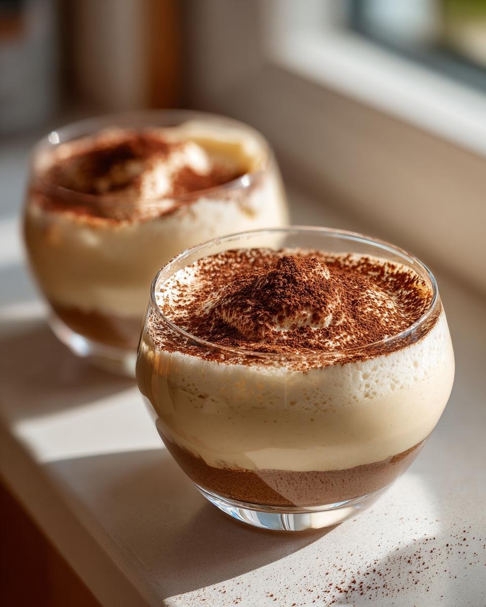 Zwei Gläser mit luftiger Kaffeecreme Rezept, gekrönt mit reichlich Kakaopulver, im Sonnenlicht.