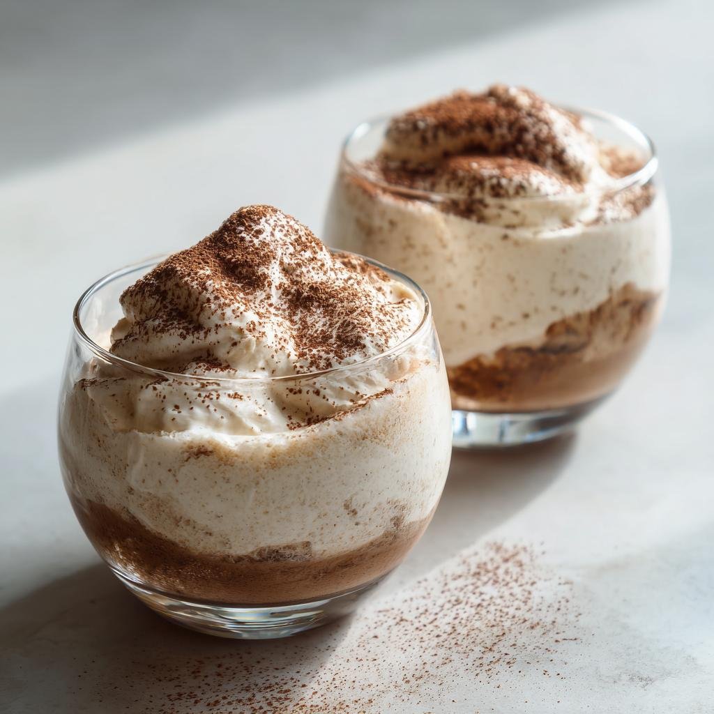 Zwei Gläser mit luftiger Kaffeecreme Rezept, gekrönt mit reichlich Kakaopulver.