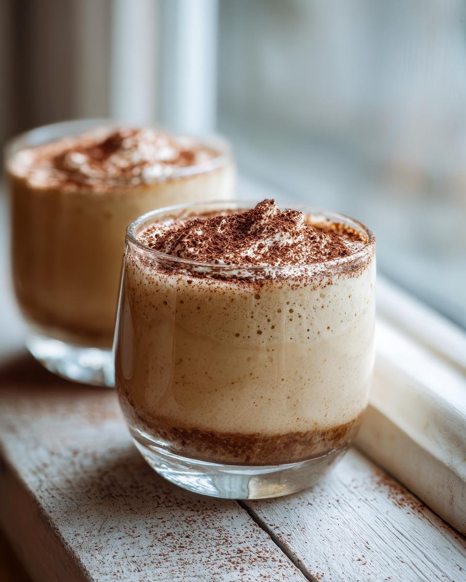 Nahaufnahme von zwei Gläsern Kaffeecreme Rezept, garniert mit Schlagsahne und Kakaopulver.