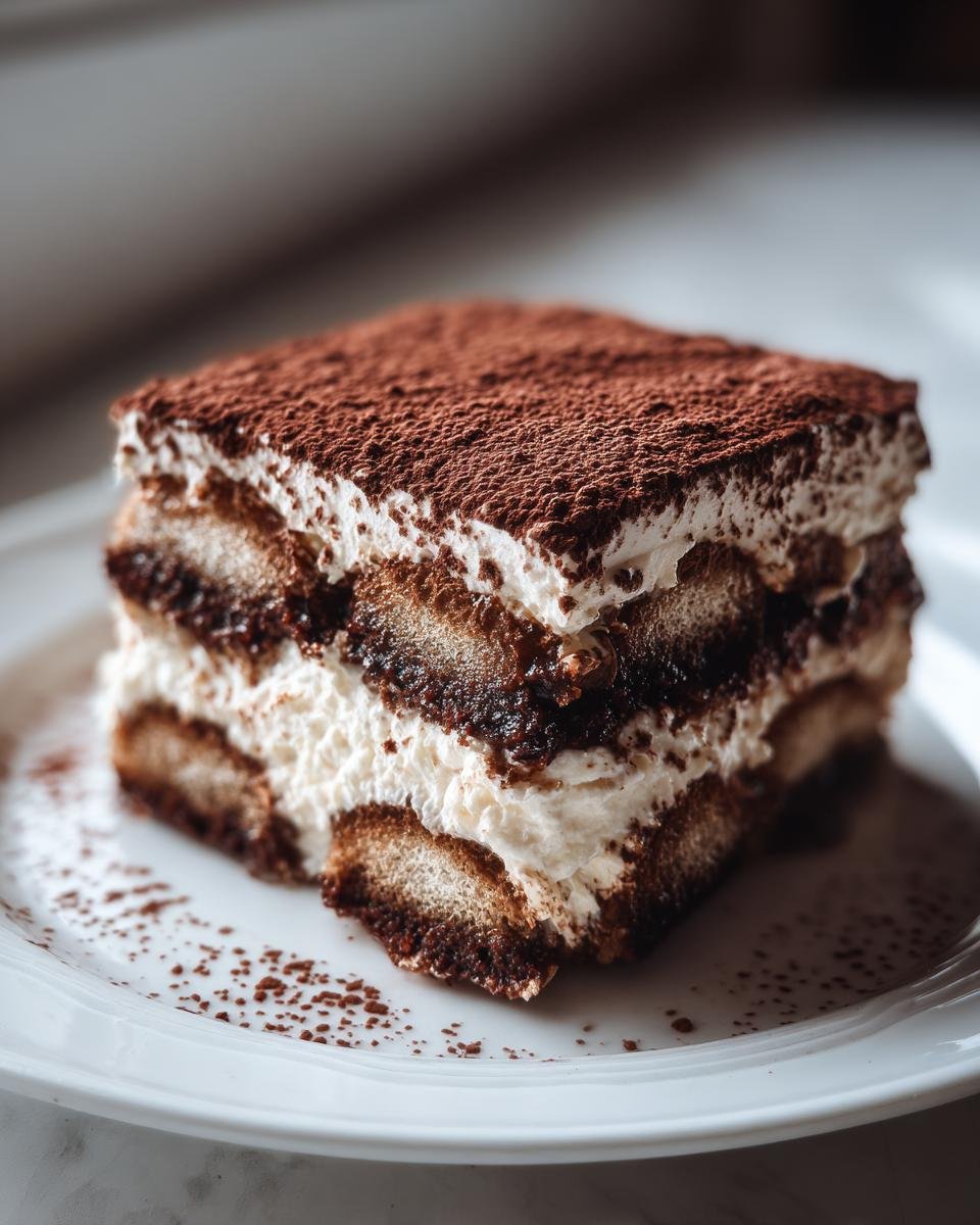 Nahaufnahme eines Schichtdesserts, das wie Kakao-Tiramisu aussieht, bestäubt mit Kakaopulver.