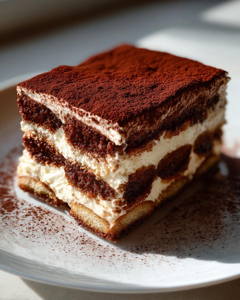 Nahaufnahme eines Schichtdesserts, das wie Kakao-Tiramisu aussieht, bestäubt mit Kakaopulver.