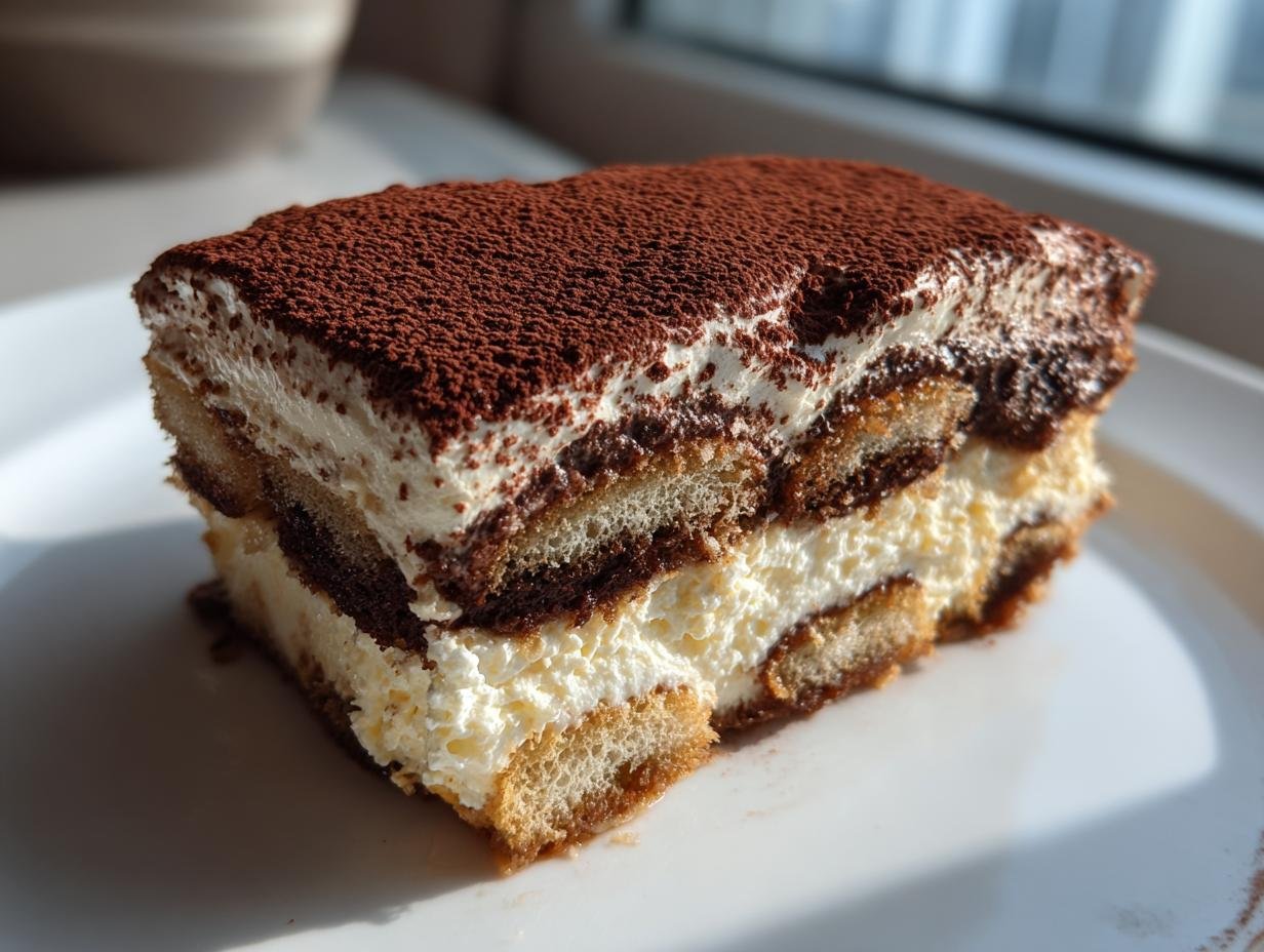 Nahaufnahme eines cremigen Stücks Kakao-Tiramisu, geschichtet mit Löffelbiskuits und bestäubt mit dunklem Kakaopulver.