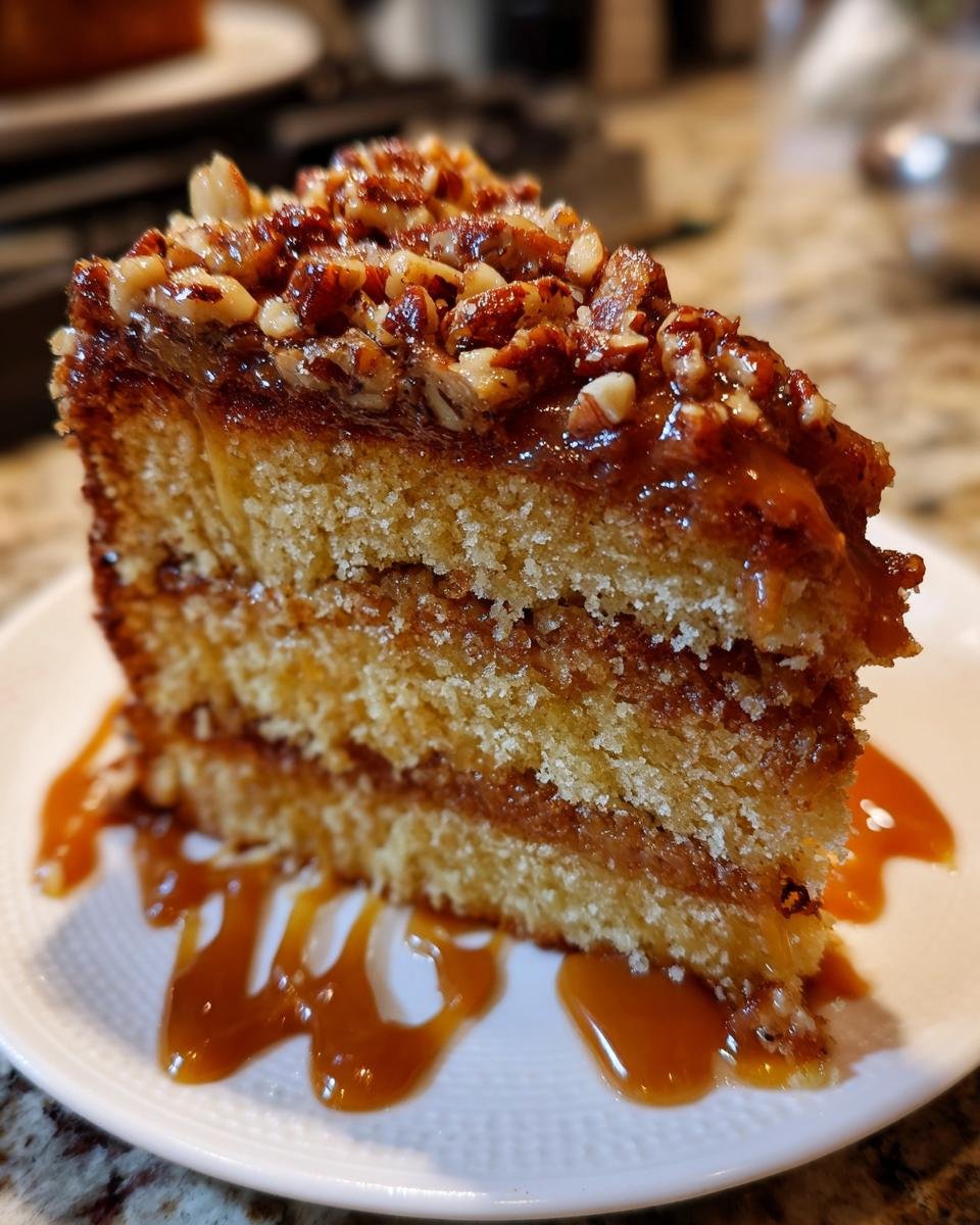 Ein saftiges Stück Karamell-Nuss-Kuchen mit drei Schichten, bedeckt mit Karamell und gehackten Nüssen.