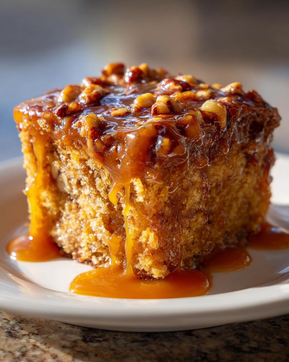 Nahaufnahme eines Stücks Karamell-Nuss-Kuchen, das mit reichlich Karamellsoße und gehackten Nüssen bedeckt ist.
