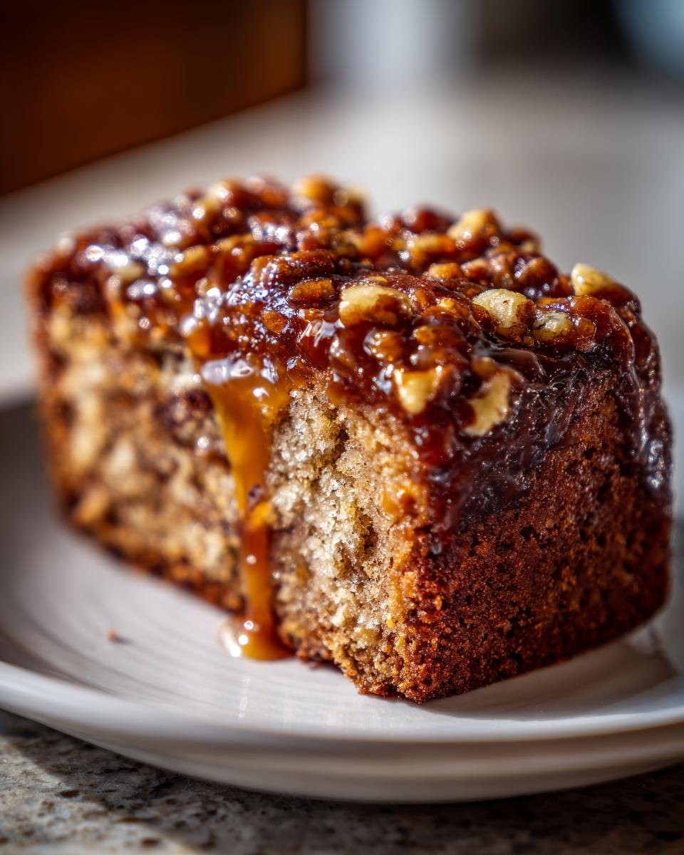 Nahaufnahme eines saftigen Stücks Karamell-Nuss-Kuchen mit klebriger Karamell-Nuss-Glasur, die herunterläuft.