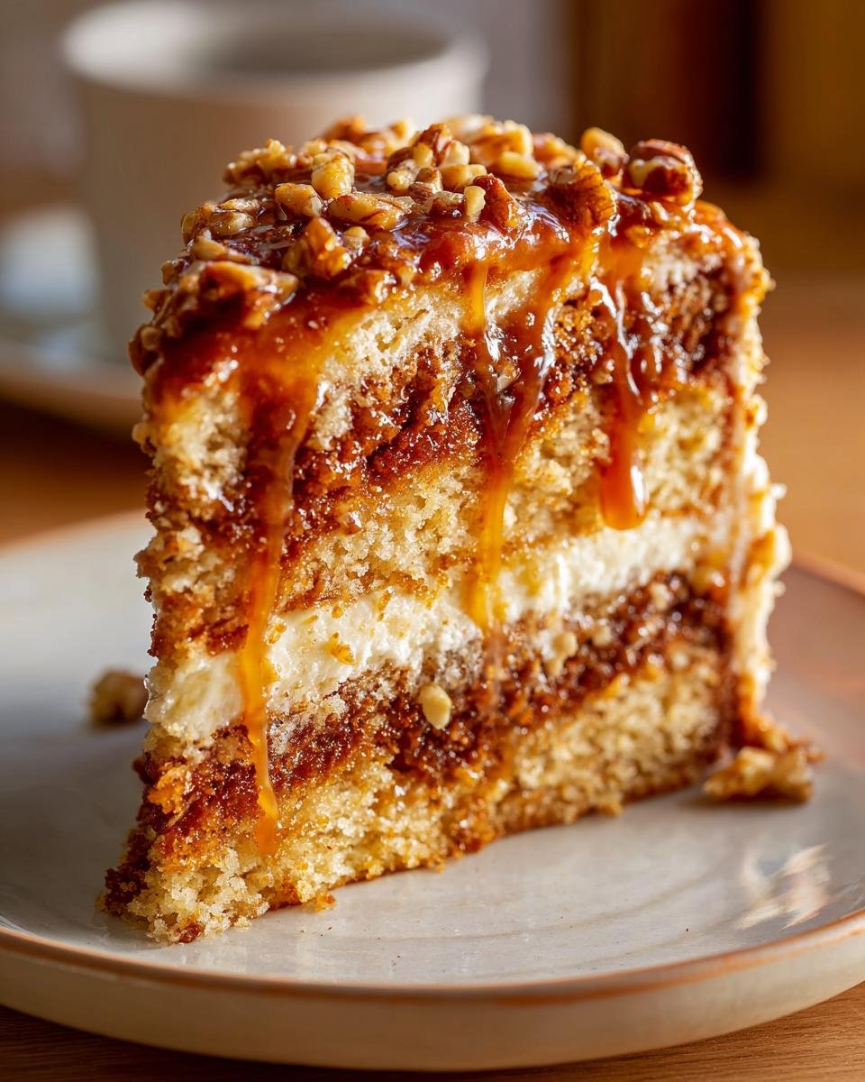 Nahaufnahme eines saftigen Stücks Karamell-Nuss-Kuchen mit Karamellglasur und gehackten Nüssen.