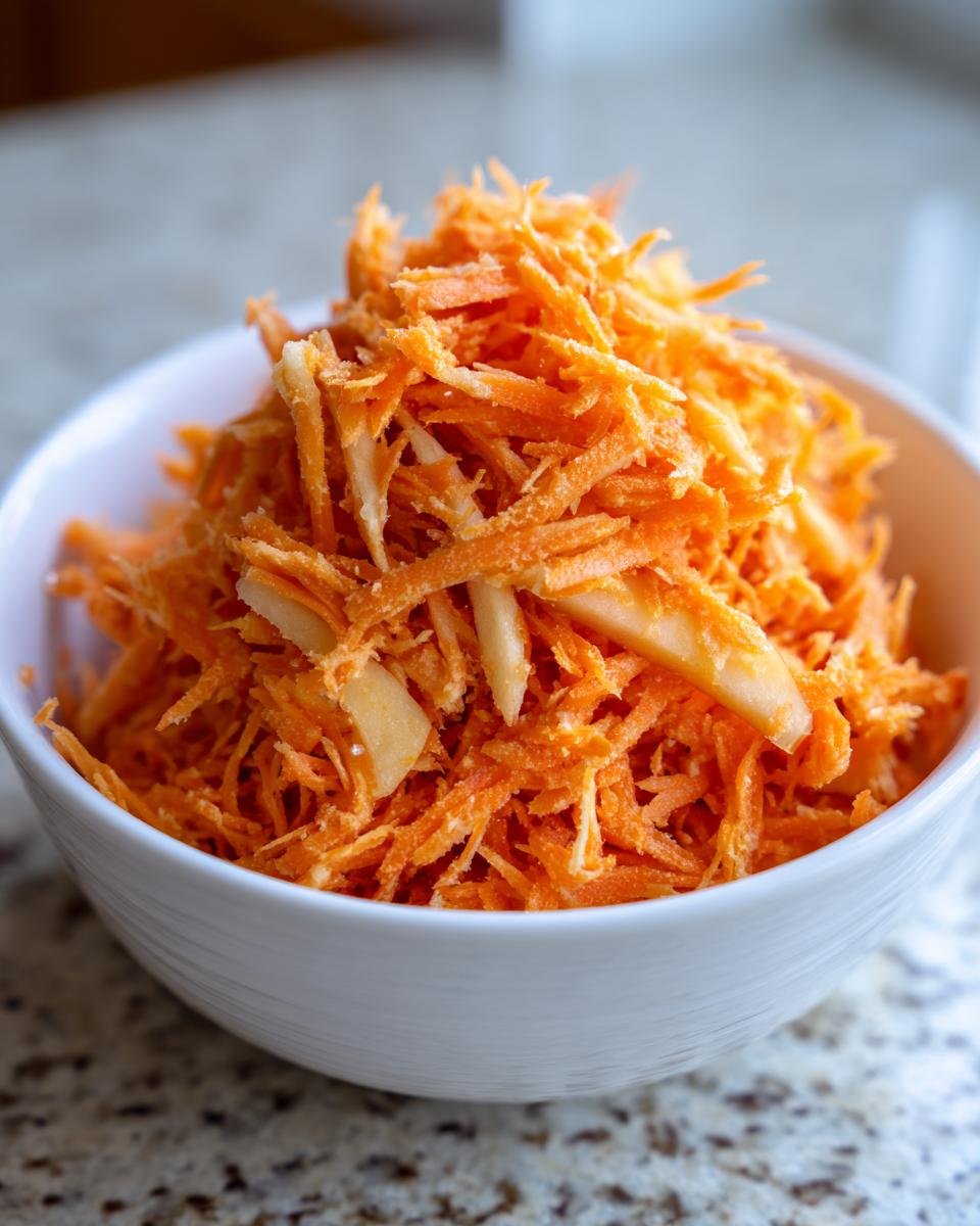 Nahaufnahme von geraspelten Karotten und Apfelstücken für den Knackiger Karotten-Apfel-Salat in einer weißen Schüssel.