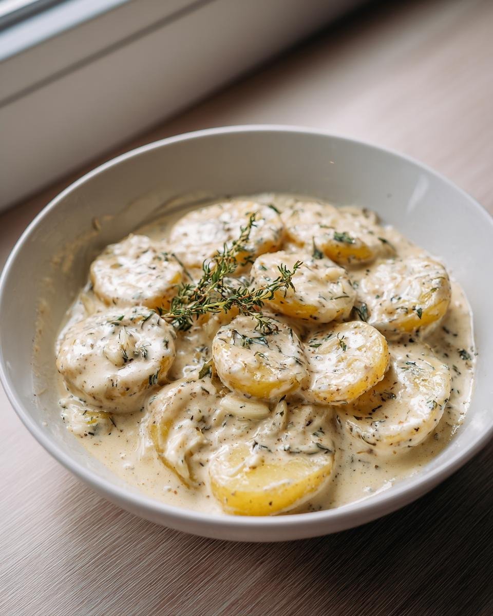 Gedämpfte Kartoffelscheiben in einer reichhaltigen, cremigen Knoblauchsoße, garniert mit frischem Thymian. Kartoffeln in cremiger Knoblauchsoße mit 400 ml Kochsahne.