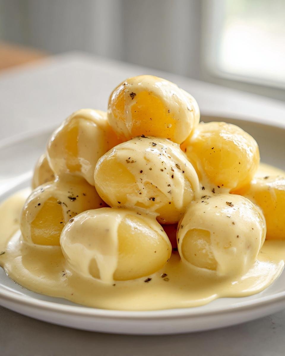Gekochte Kartoffeln übergossen mit cremiger Knoblauchsoße, bestreut mit schwarzem Pfeffer.