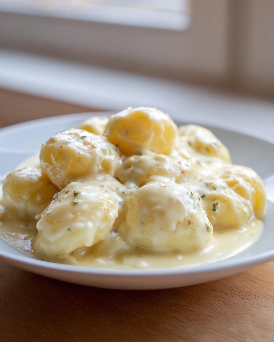 Gekochte Kartoffeln übergossen mit cremiger Knoblauchsoße, perfekt für Kartoffeln in cremiger Knoblauchsoße.