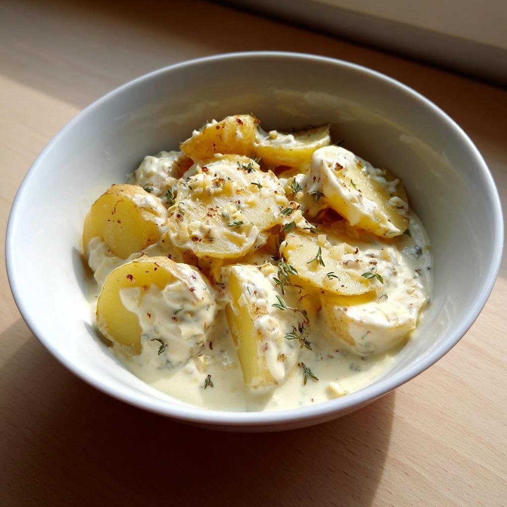 Kartoffeln in cremiger Knoblauchsoße mit 400 ml Kochsahne, garniert mit Thymian und Gewürzen in einer weißen Schüssel.