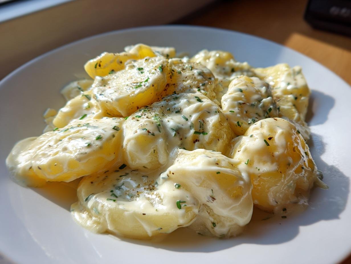 Nahaufnahme von Kartoffeln in cremiger Knoblauchsoße, garniert mit Schnittlauch und Pfeffer.