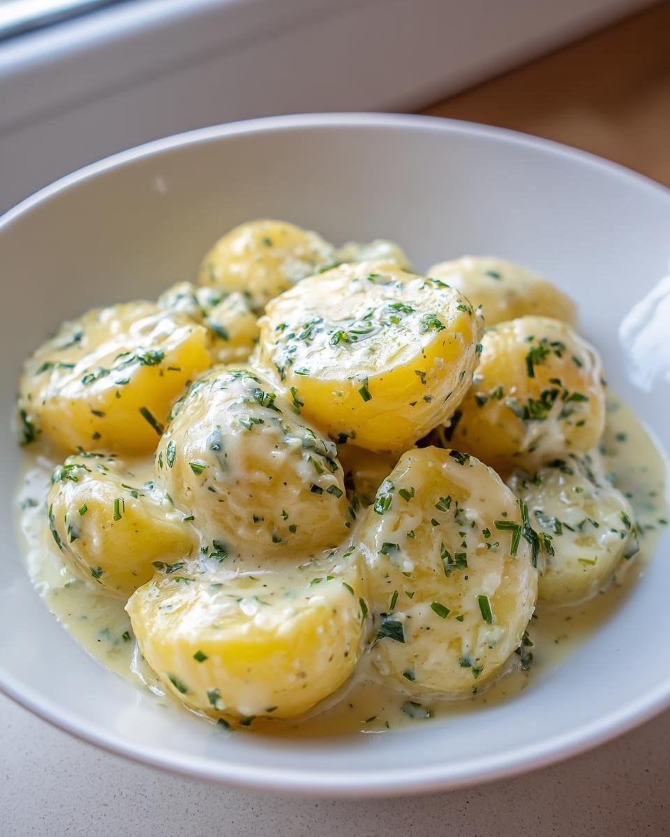 Gekochte Kartoffeln in cremiger Knoblauchsoße mit frischen Kräutern, das Gericht heißt Kartoffeln in cremiger Knoblauchsoße mit 400 ml Kochsahne.