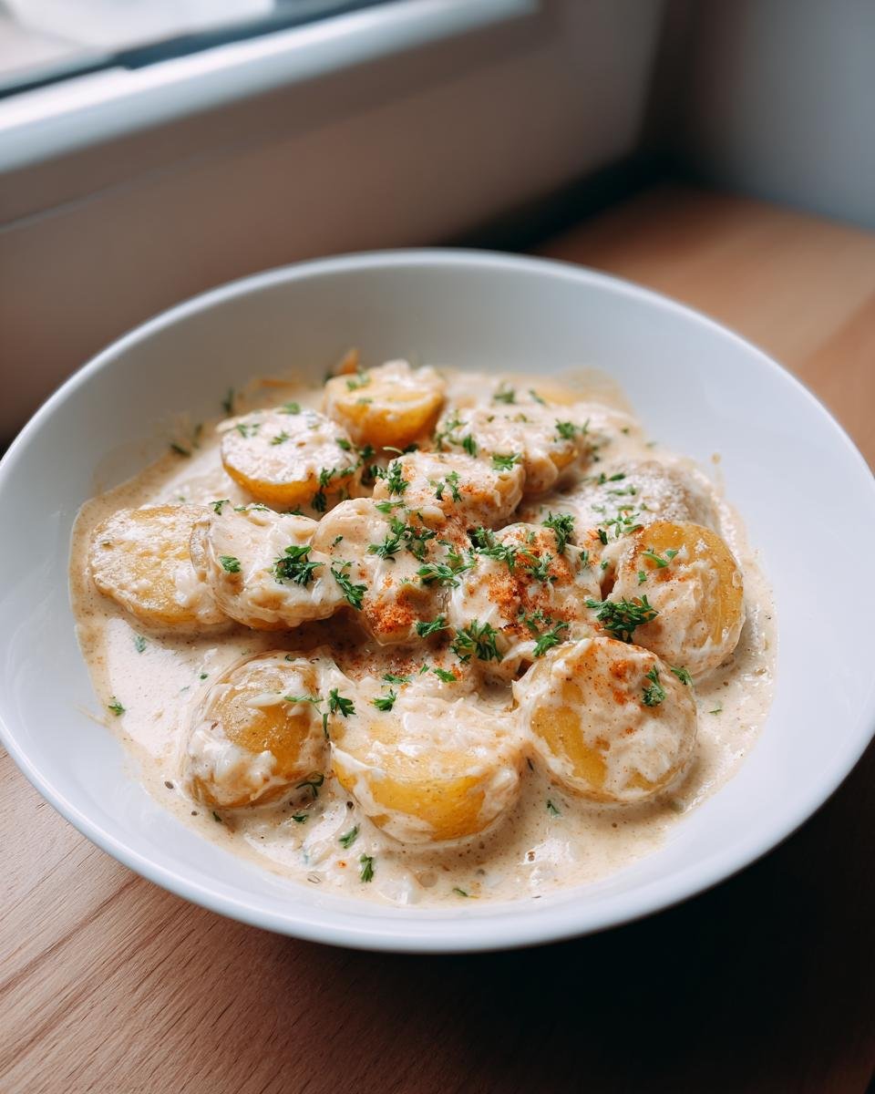 Gedämpfte Kartoffelscheiben in Kartoffeln in cremiger Knoblauchsoße mit 400 ml Kochsahne, garniert mit Petersilie.