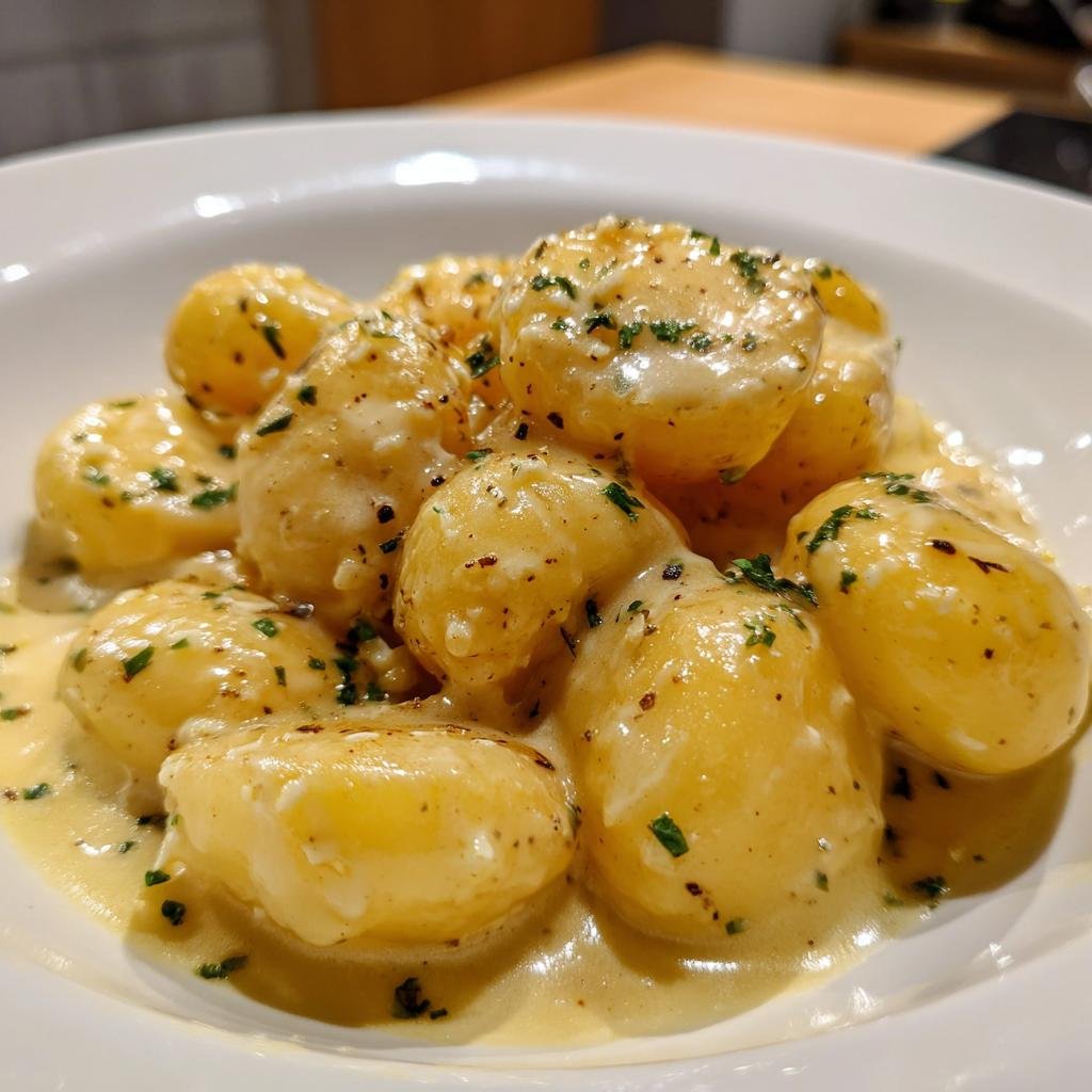 Nahaufnahme von Kartoffeln in cremiger Knoblauchsoße mit 400 ml Kochsahne, garniert mit Petersilie.