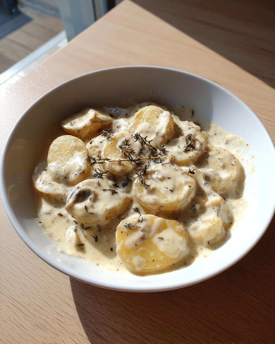 Gedämpfte Kartoffelscheiben in Kartoffeln in cremiger Knoblauchsoße mit 400 ml Kochsahne, garniert mit Thymian.
