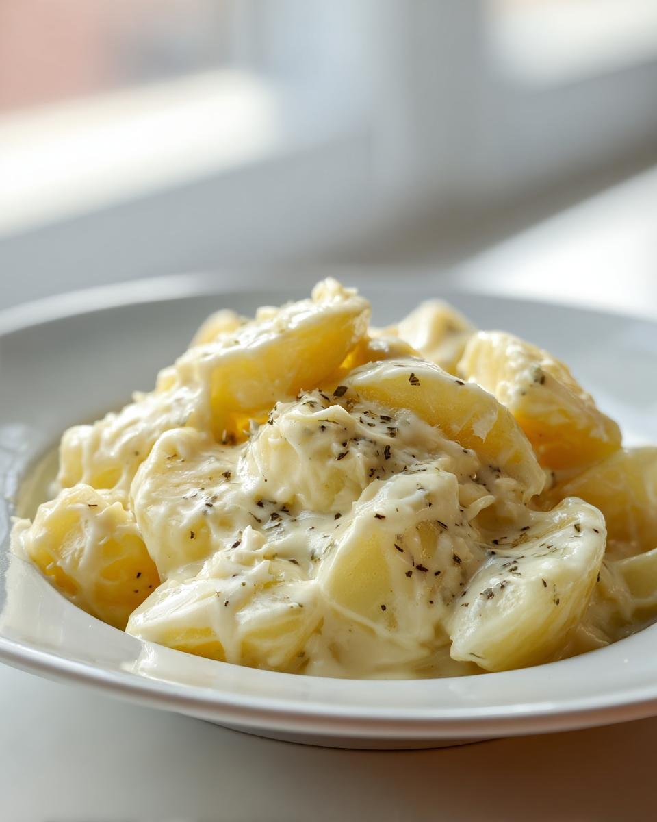 Nahaufnahme von Kartoffeln in cremiger Knoblauchsoße, bestreut mit Kräutern.
