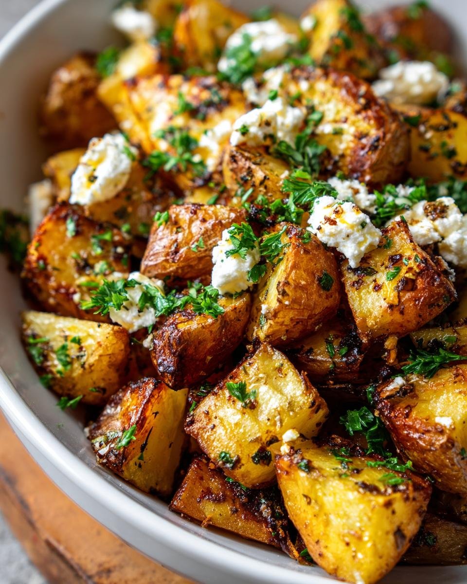 Nahaufnahme von knusprigen Kartoffeln mit Feta und Petersilie, das Gericht Kartoffeln mit Feta & Knoblauch.
