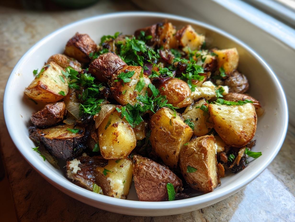 Geröstete Kartoffeln mit Feta und Knoblauch, garniert mit frischer Petersilie in einer weißen Schüssel.