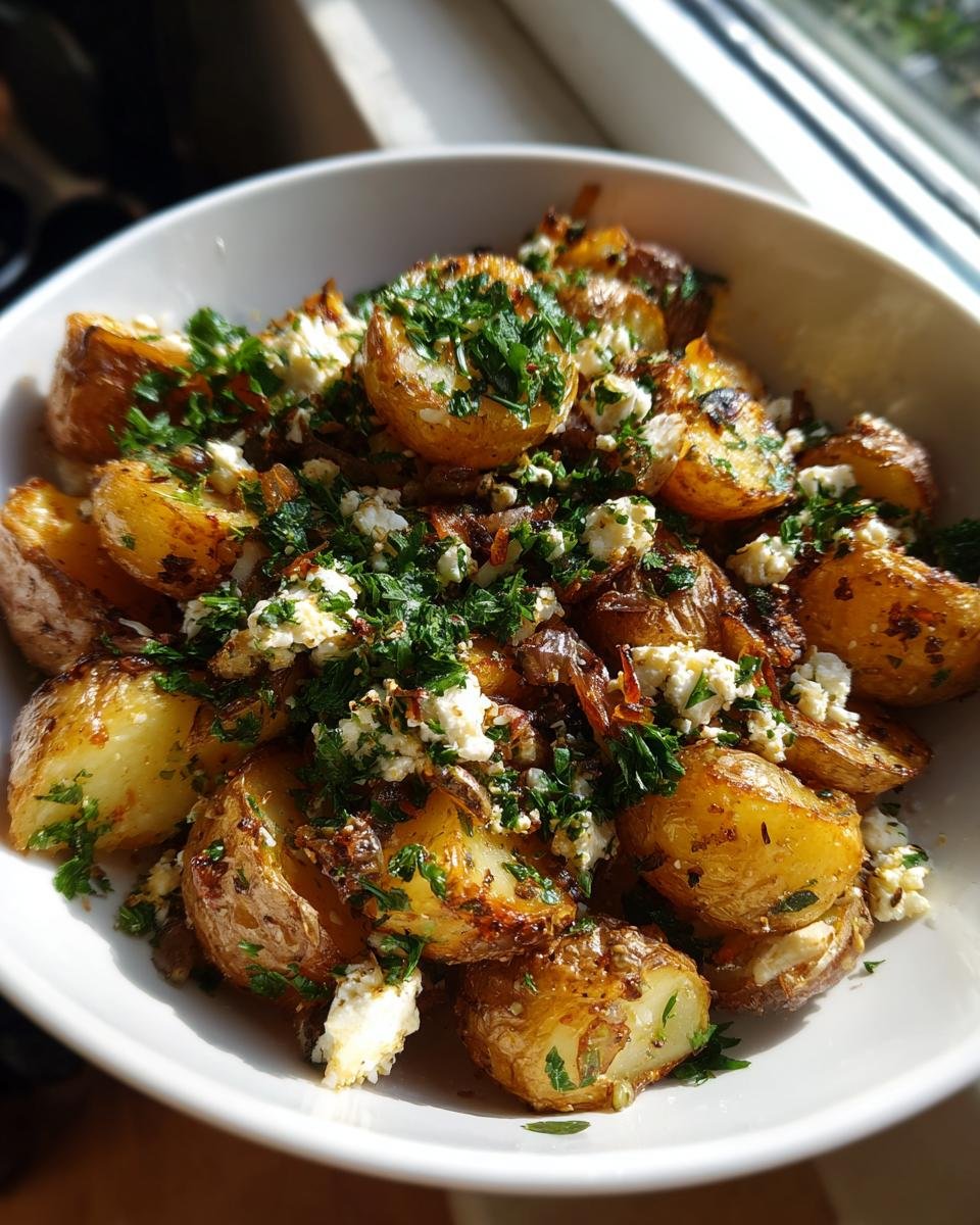 Geröstete Kartoffeln mit zerbröseltem Feta und frischer Petersilie, ein Gericht aus Kartoffeln mit Feta & Knoblauch.