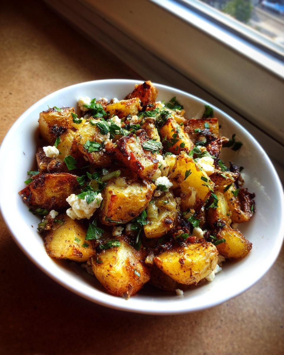 Schüssel mit goldbraun gerösteten Kartoffeln mit Feta und frischer Petersilie, das Gericht heißt Kartoffeln mit Feta & Knoblauch.