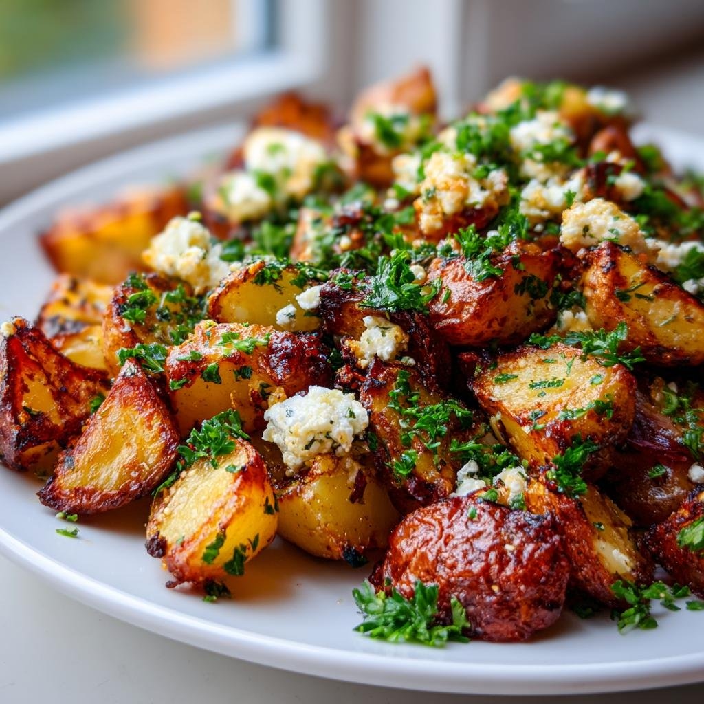 Nahaufnahme von knusprigen Kartoffeln mit Feta & Knoblauch und frischer Petersilie auf einem weißen Teller.