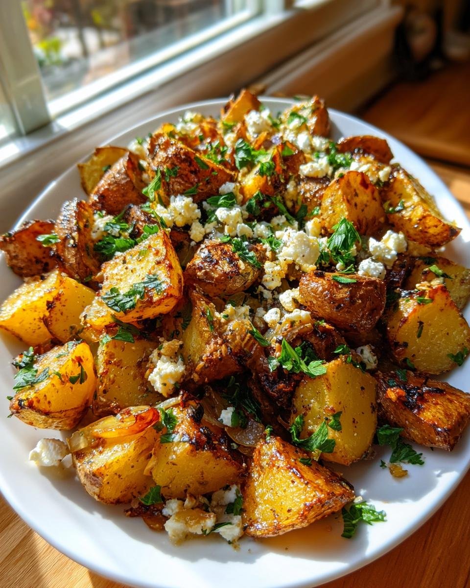 Geröstete Kartoffeln mit Feta und Knoblauch, garniert mit Petersilie: Kartoffeln mit Feta & Knoblauch.