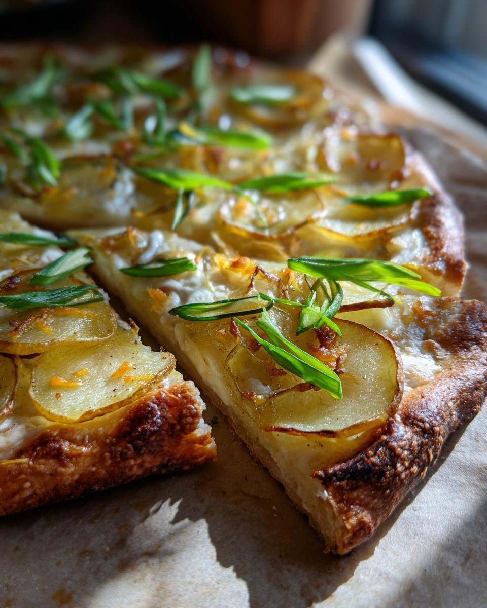 Anschnitt der fertigen Kartoffelpizza mit dünnen Kartoffelscheiben und Frühlingszwiebeln.