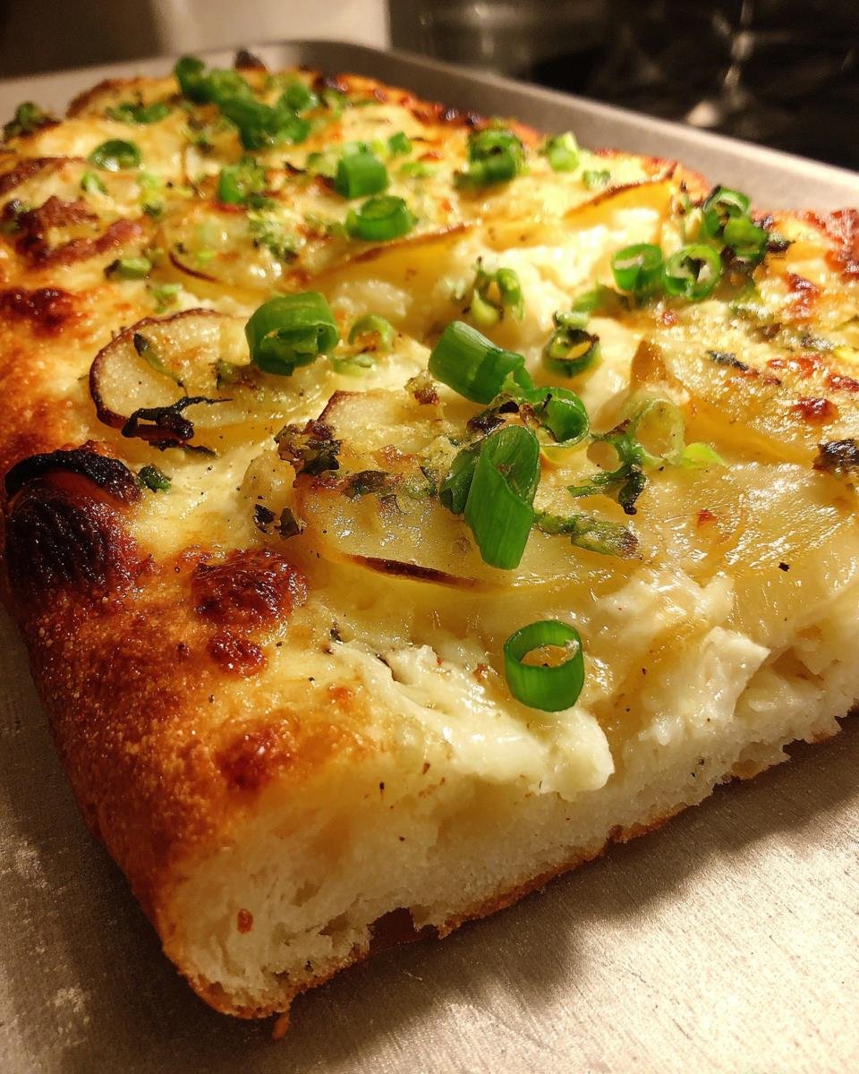 Nahaufnahme eines Stücks Kartoffelpizza mit dünnen Kartoffelscheiben, Käse und frischen, grünen Frühlingszwiebelringen.