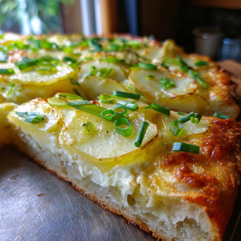 Nahaufnahme eines angeschnittenen Stücks Kartoffelpizza mit dünnen Kartoffelscheiben und cremigem Belag, garniert mit frischem Schnittlauch.