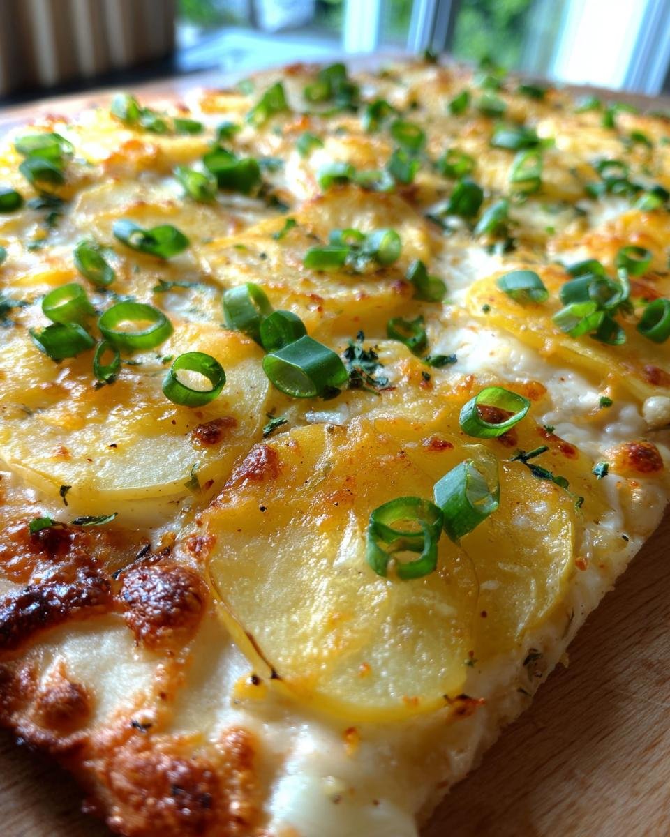 Nahaufnahme einer fertigen Kartoffelpizza mit dünnen Kartoffelscheiben, Käse und frischem Schnittlauch.