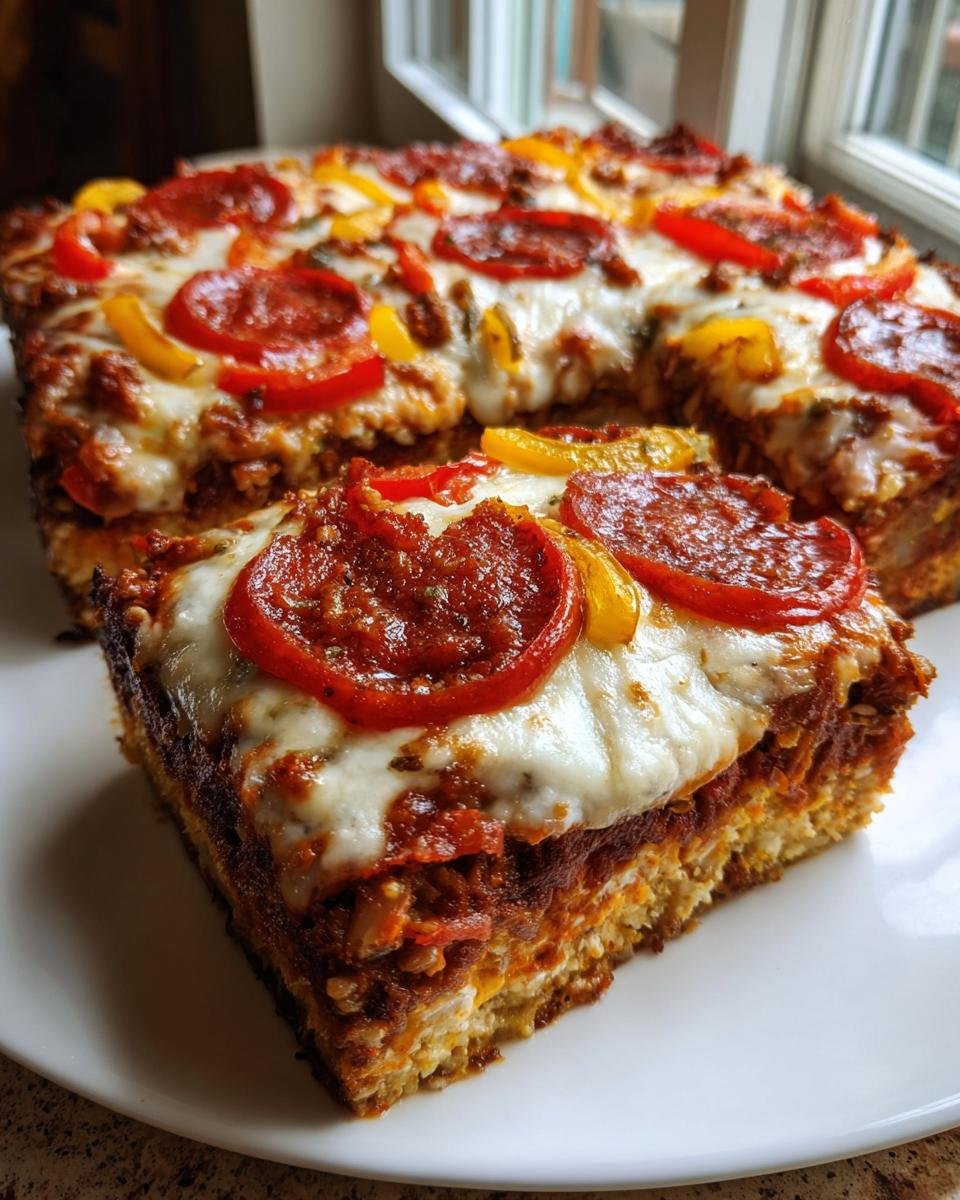 Ein dickes Stück Keto Crustless Pizza Bake mit geschmolzenem Käse, Pepperoni und Paprika auf einem weißen Teller.