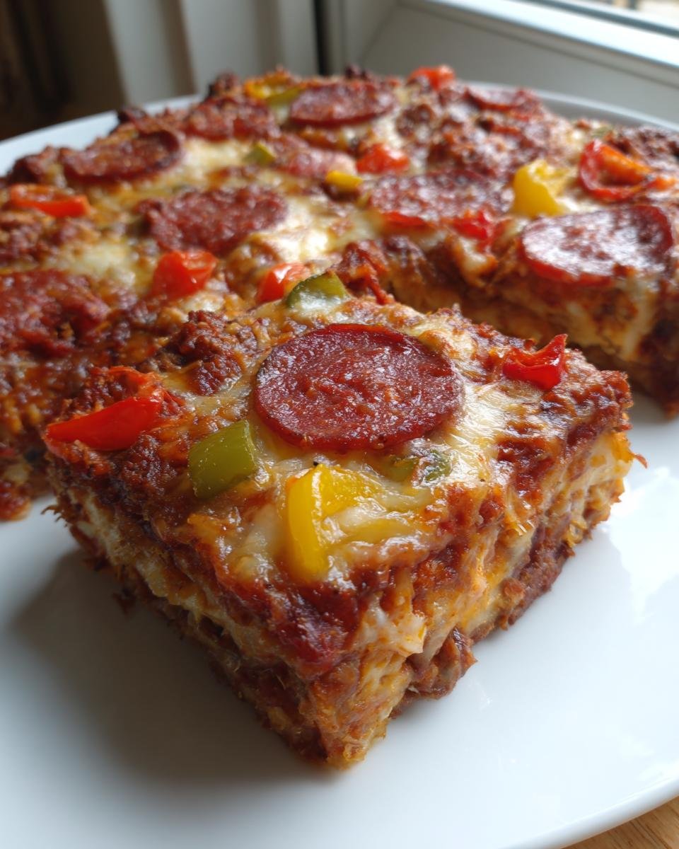 A thick slice of Keto Crustless Pizza Bake topped with melted cheese, pepperoni, and colorful bell peppers.