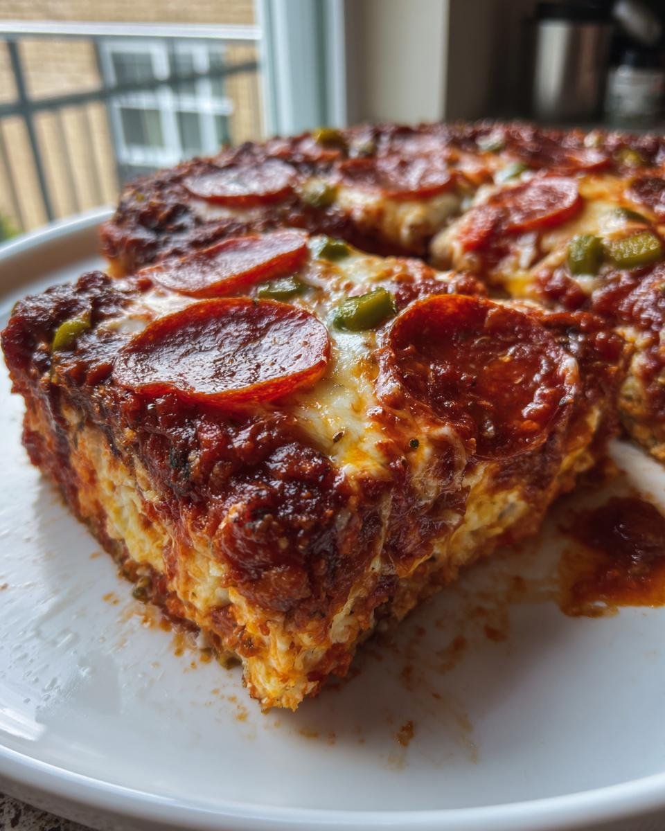 Close-up of a thick slice of Keto Crustless Pizza Bake topped with melted cheese, pepperoni, and green peppers.