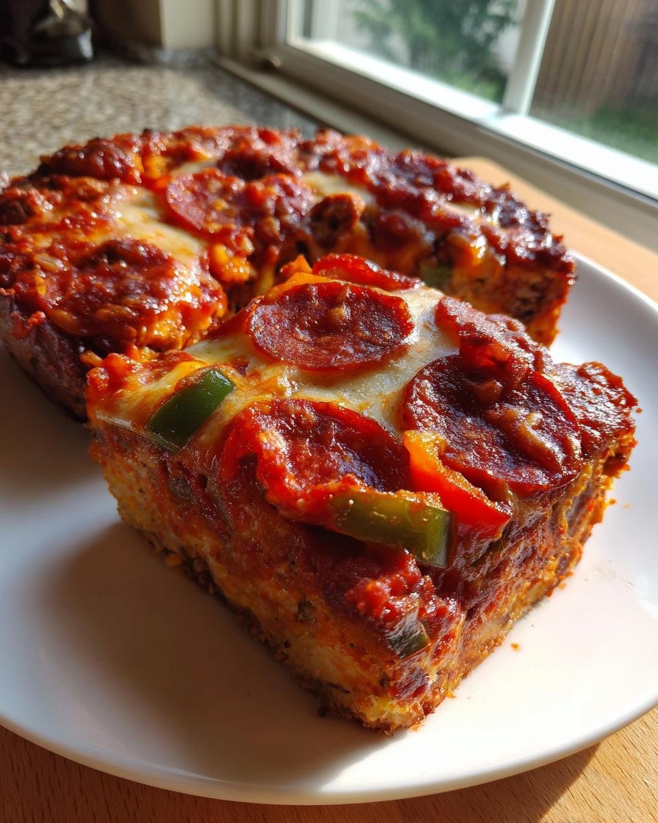 Close-up of a thick slice of Keto Crustless Pizza Bake topped with melted cheese, pepperoni, and green peppers.