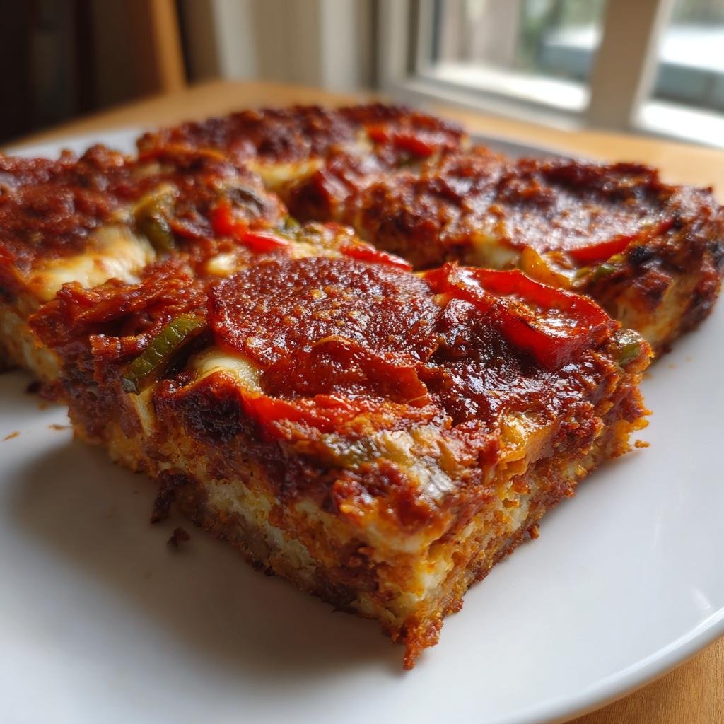 Close-up of two thick slices of Keto Crustless Pizza Bake topped with rich tomato sauce, pepperoni, and peppers.