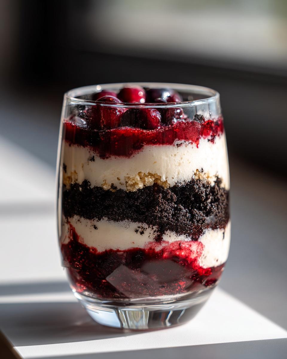 Nahaufnahme eines Kirsch Schichtdessert mit dunklen Keksbröseln und cremigen Schichten in einem Glas.