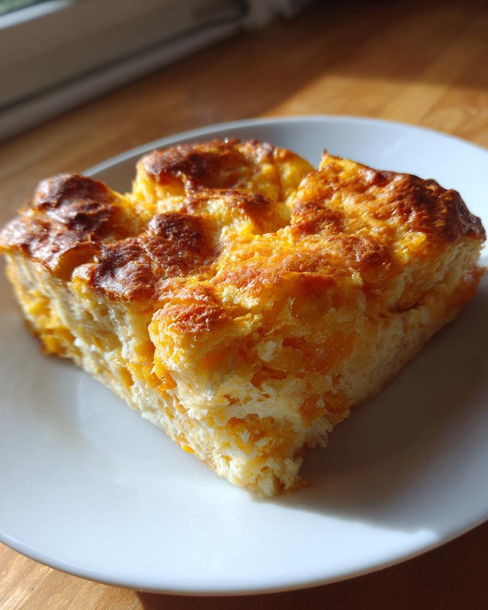 Ein Stück Klassischer Brotauflauf mit goldbrauner Kruste auf einem weißen Teller.