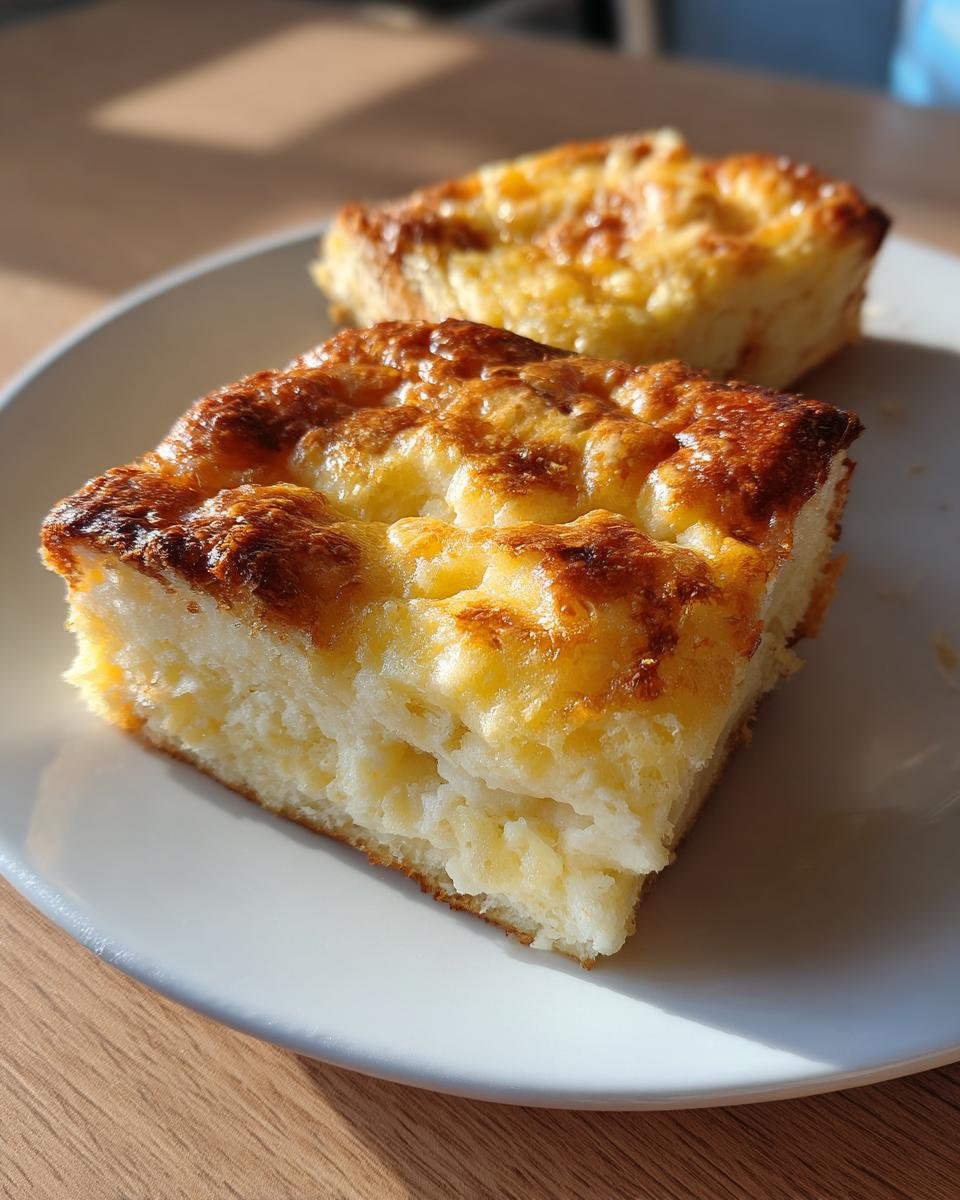 Ein Stück Klassischer Brotauflauf mit goldbraun gebackener Käsekruste auf einem weißen Teller.