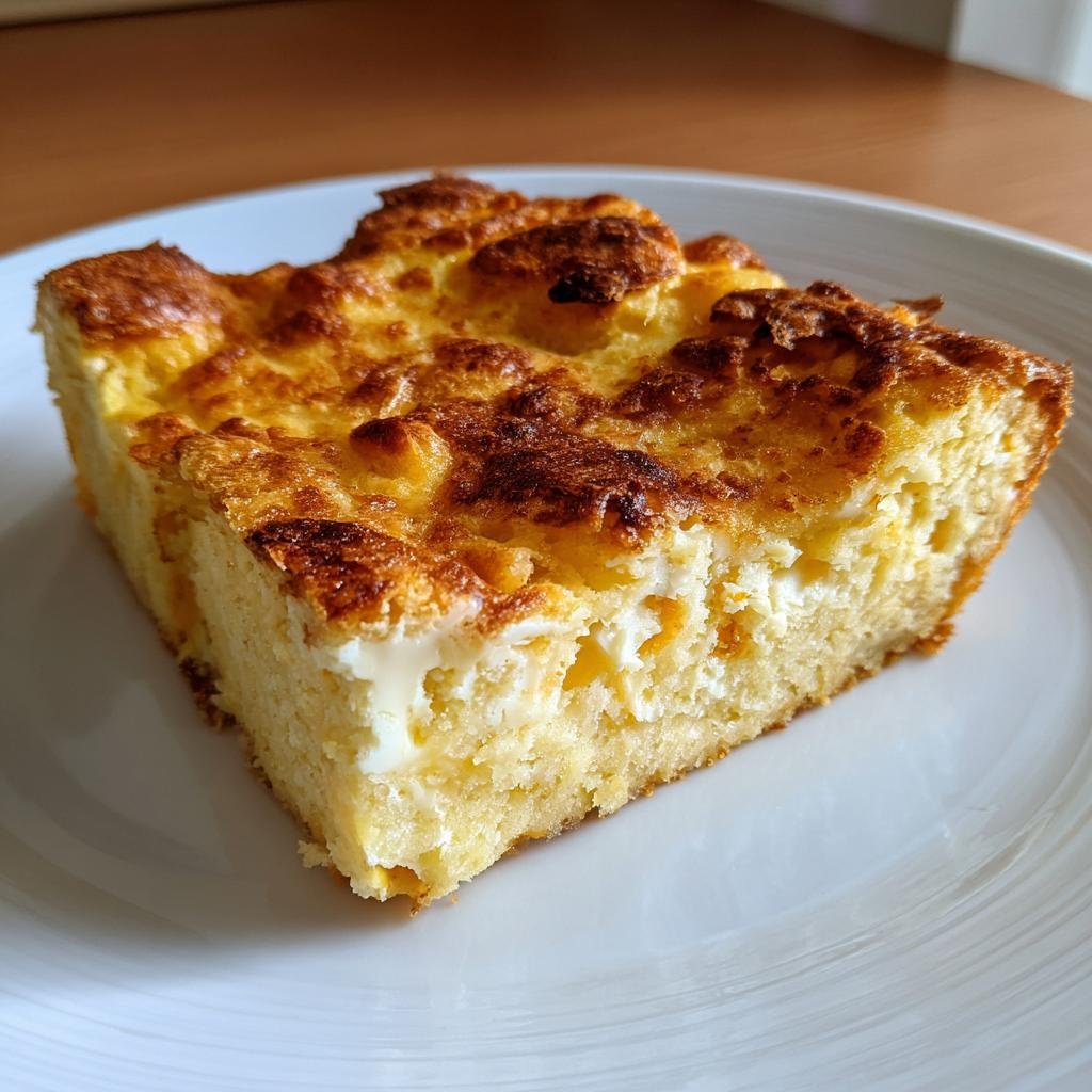 Ein goldbraun gebackenes Stück Klassischer Brotauflauf mit cremiger Füllung auf einem weißen Teller.