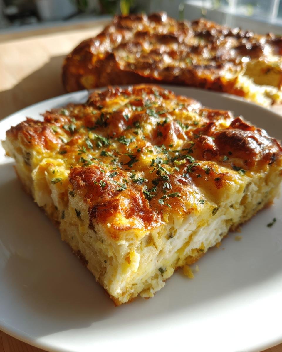 Nahaufnahme eines perfekten Stücks Klassischer Brotauflauf mit goldbrauner Käsekruste und Petersilie.