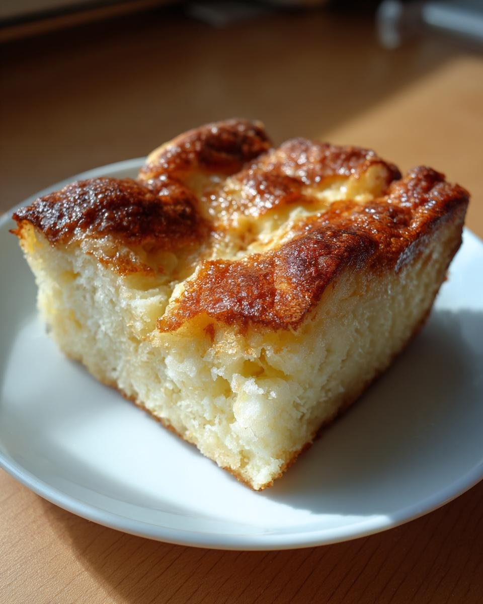 Ein goldbraun gebackenes Stück Klassischer Brotauflauf auf einem weißen Teller, das nicht matschig ist.