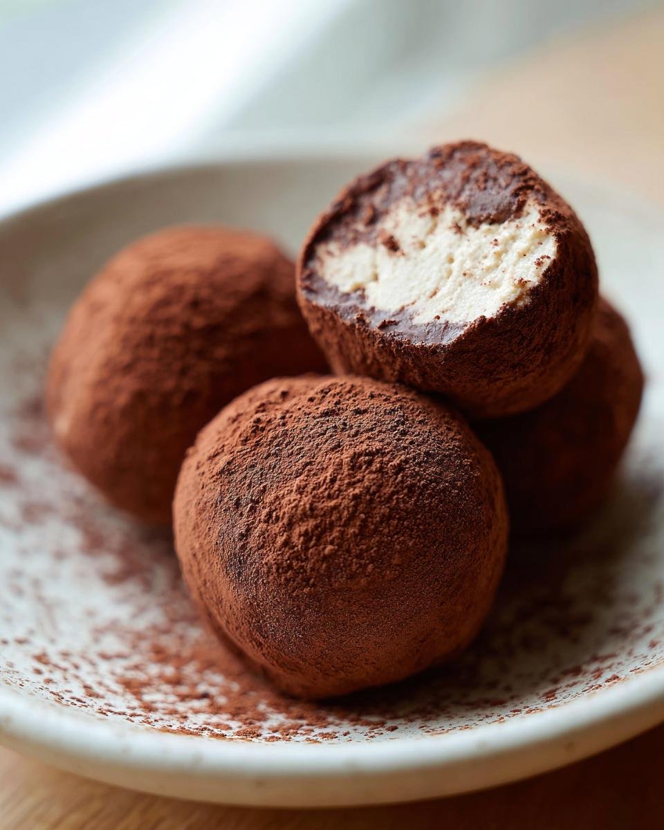 Nahaufnahme von mehreren Kleinen Tiramisu-Kugeln, dick mit Kakaopulver bestäubt, eine ist angeschnitten.