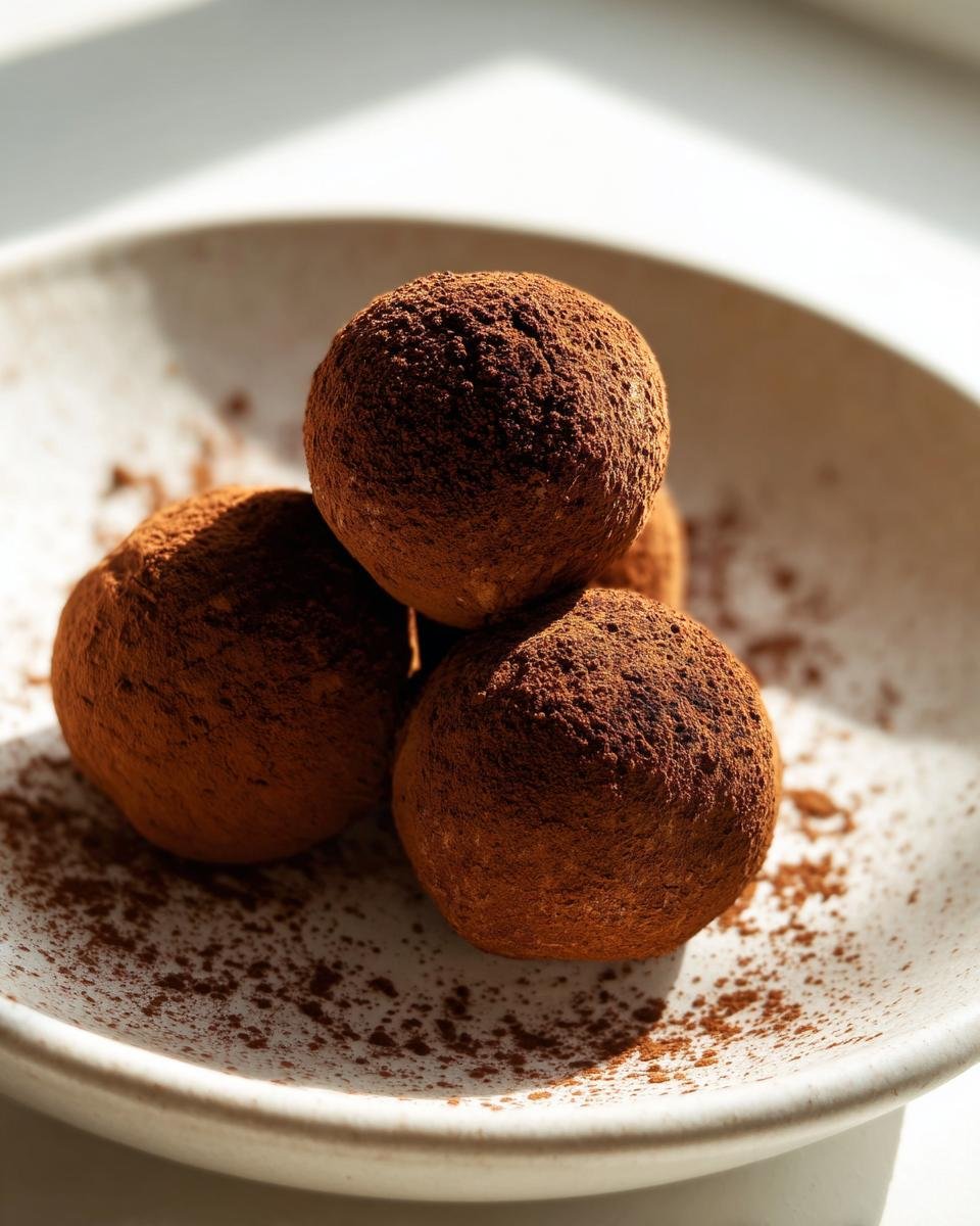 Nahaufnahme von drei Kleinen Tiramisu-Kugeln, dick mit Kakaopulver bestäubt, auf einem hellen Teller.